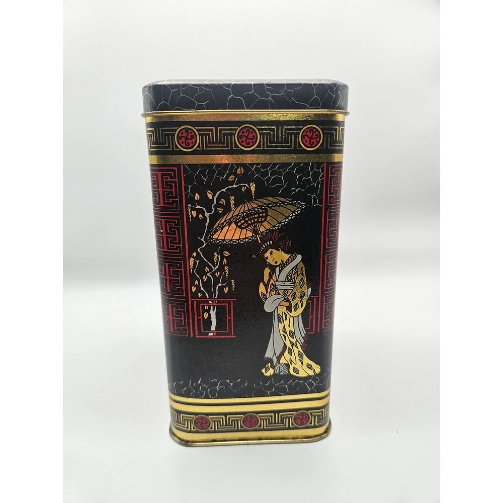 Vintage 1970s Chinoiserie Japanese Style Tea Tin, Made in England